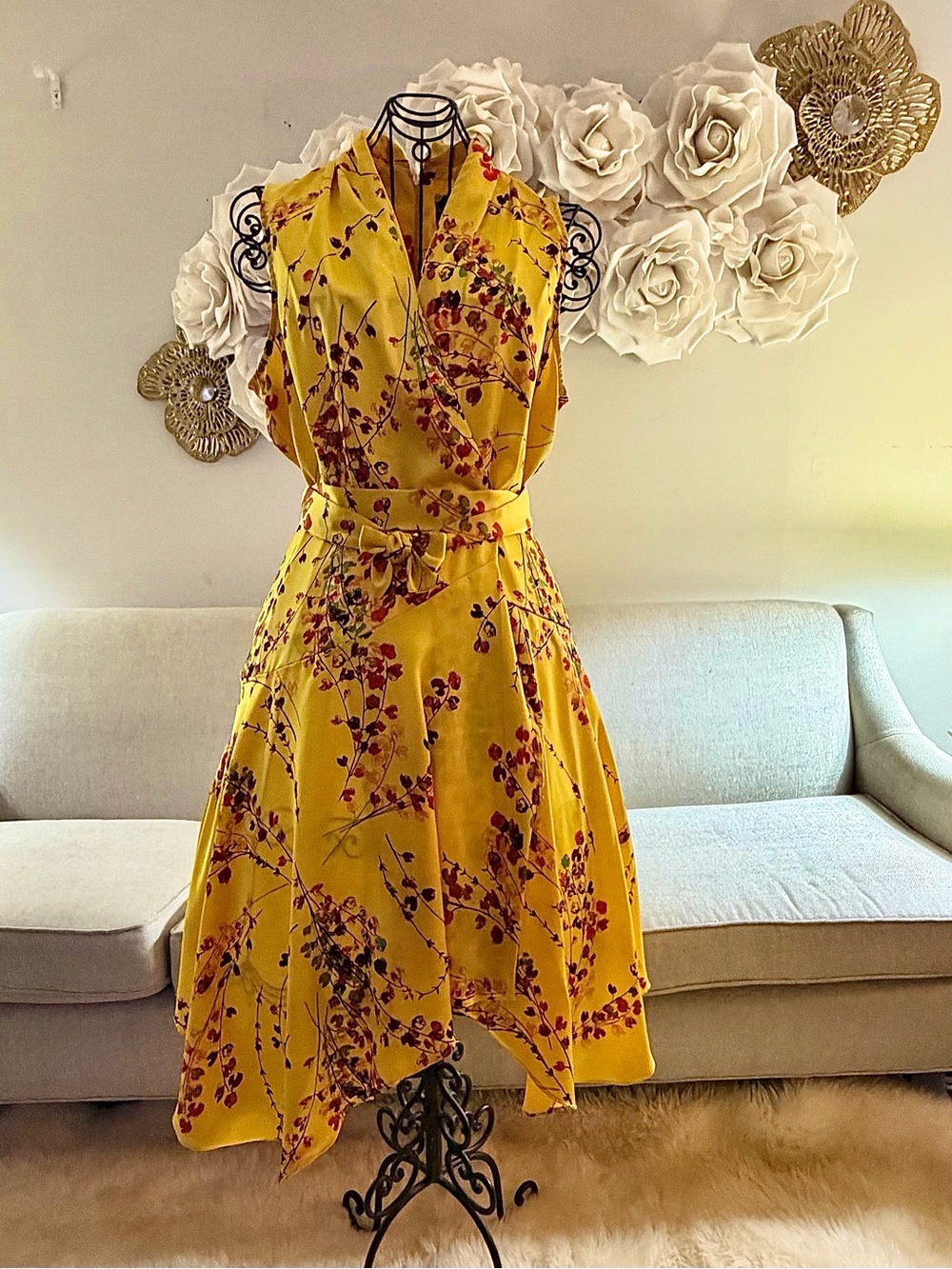 Yellow Floral V-Neck Sleeveless Belted Dress